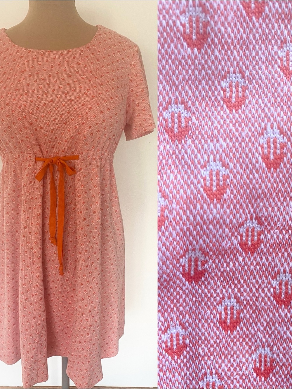 Vintage 70s Knit Maternity Dress *Large* ORANGE Dotted Empire Waist Shift Dress